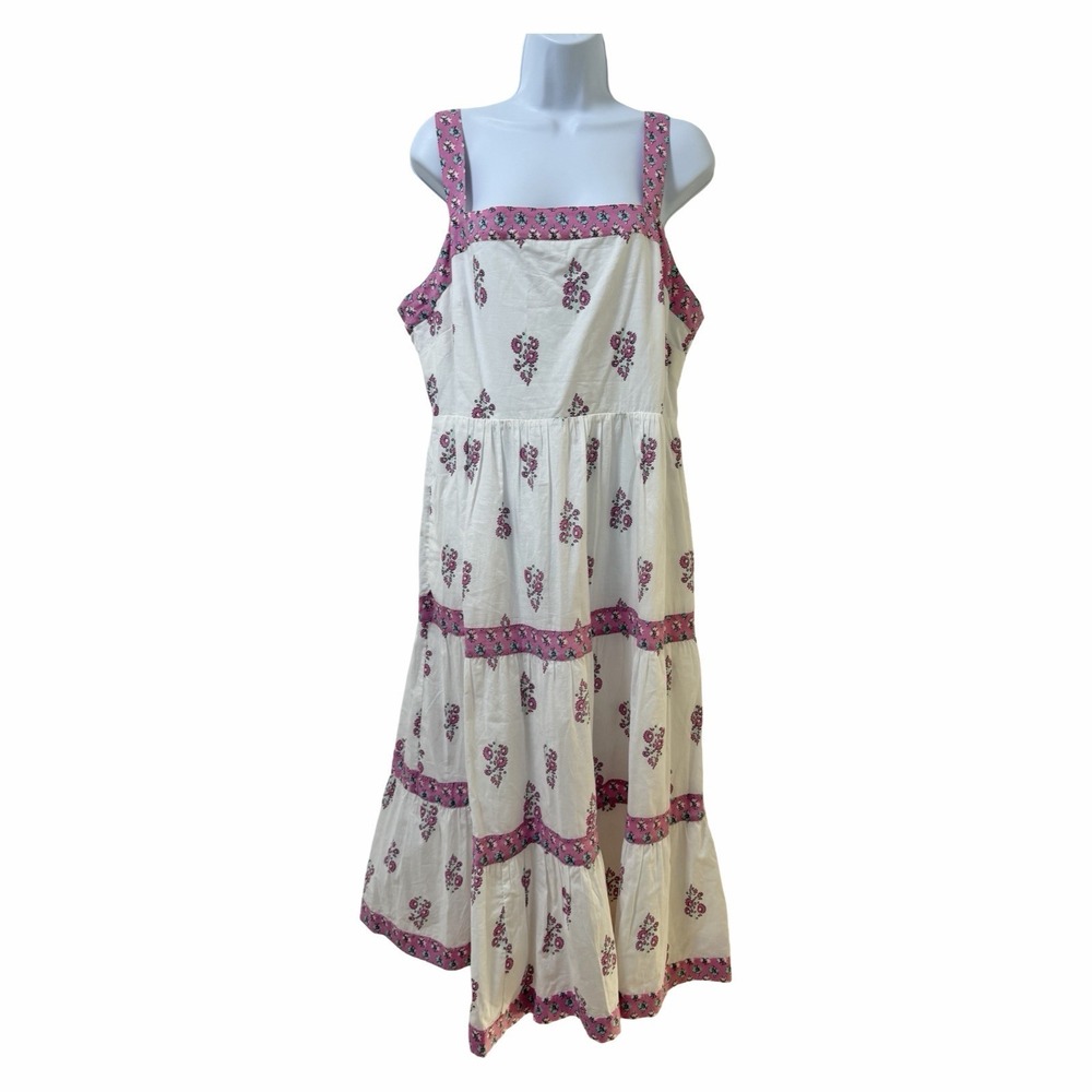 J‎ Crew Block Print Square Neck Floral Tiered Midi Dress Size 14 White Cottage